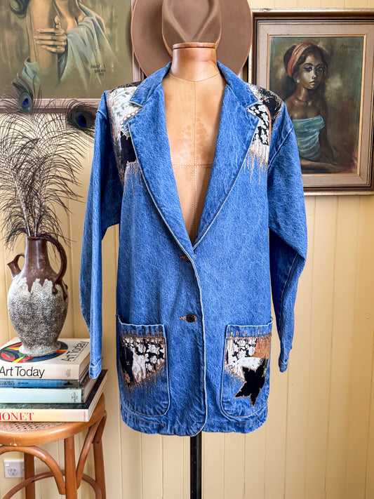 VINTAGE THE FRONTIER COMPANY COTTON DENIM APPLIQUÉ OVERSIZED BLAZER JACKET M/L