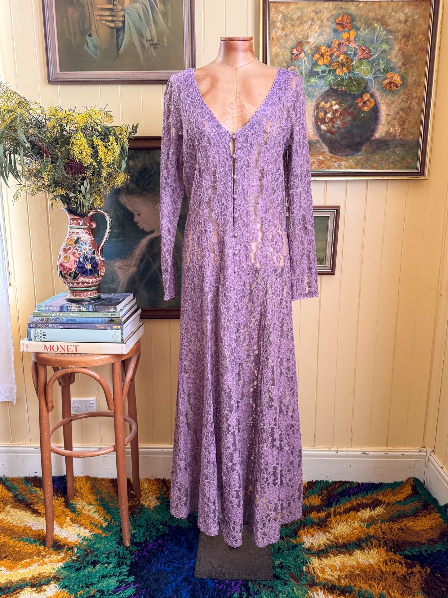 VINTAGE 1990S MAUVE LACE LONG SLEEVE MAXI DUSTER DRESS M/L