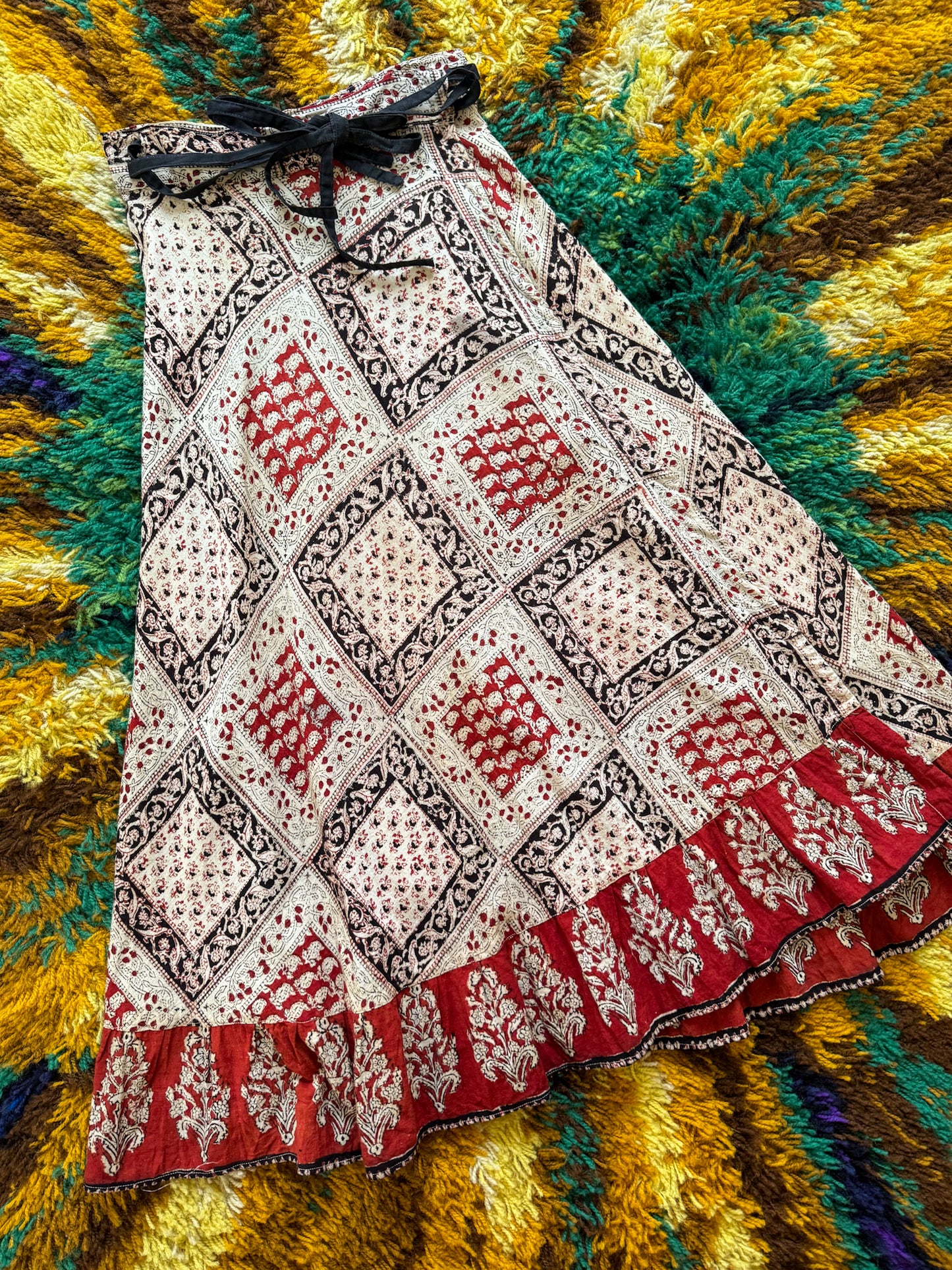 VINTAGE 1980S INDIAN COTTON BLOCK PRINT WRAP RUFFLE MIDI SKIRT S/M