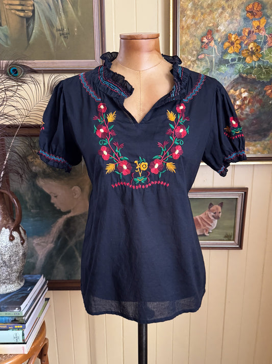 VINTAGE 1980S COTTON EMBROIDERED PEASANT FOLK BLOUSE XS/S