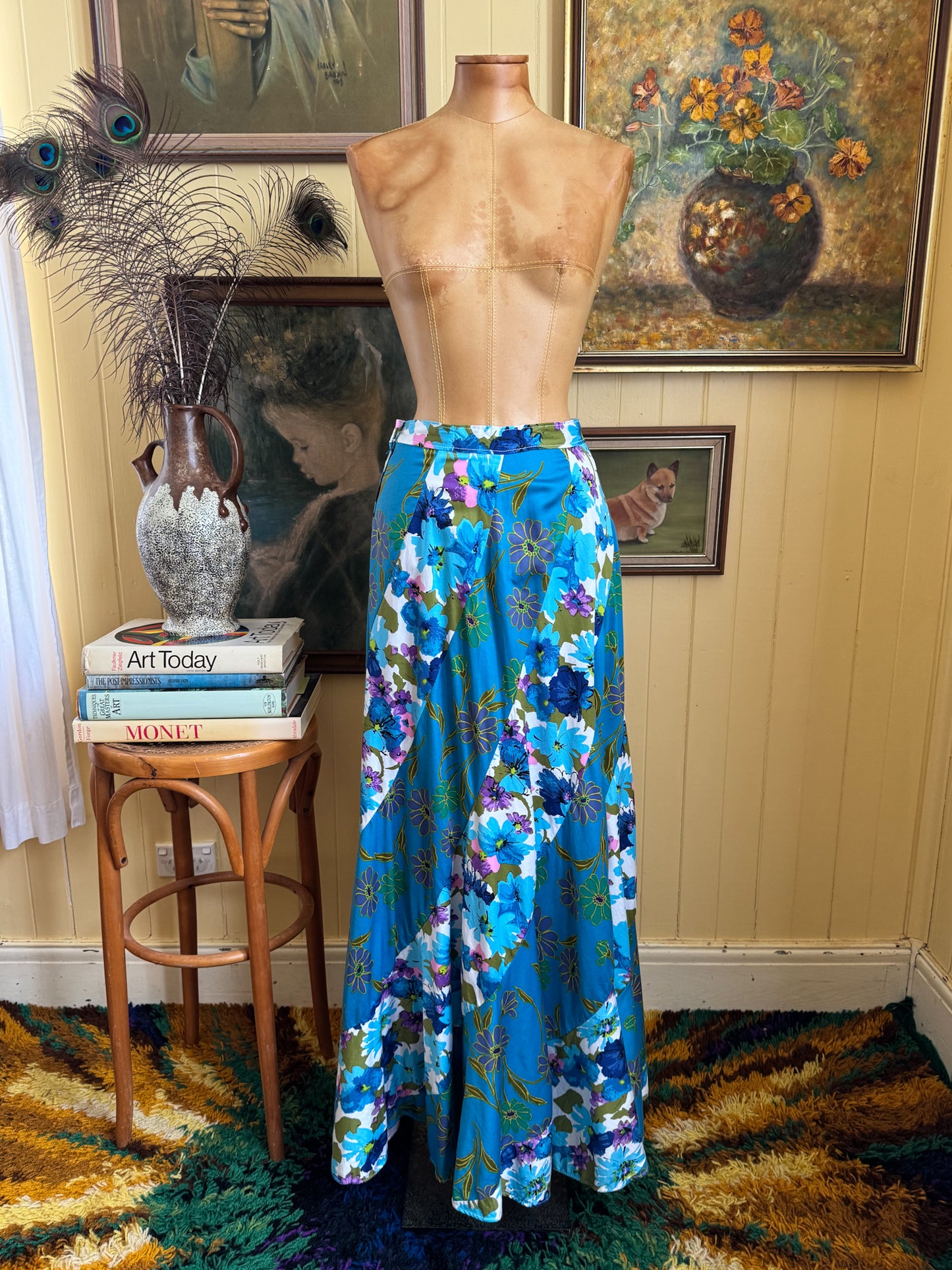VINTAGE 1970S HANDMADE COTTON PRINT SPLICED CIRCLE MAXI SKIRT XS