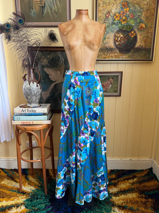 VINTAGE 1970S HANDMADE COTTON PRINT SPLICED CIRCLE MAXI SKIRT XS