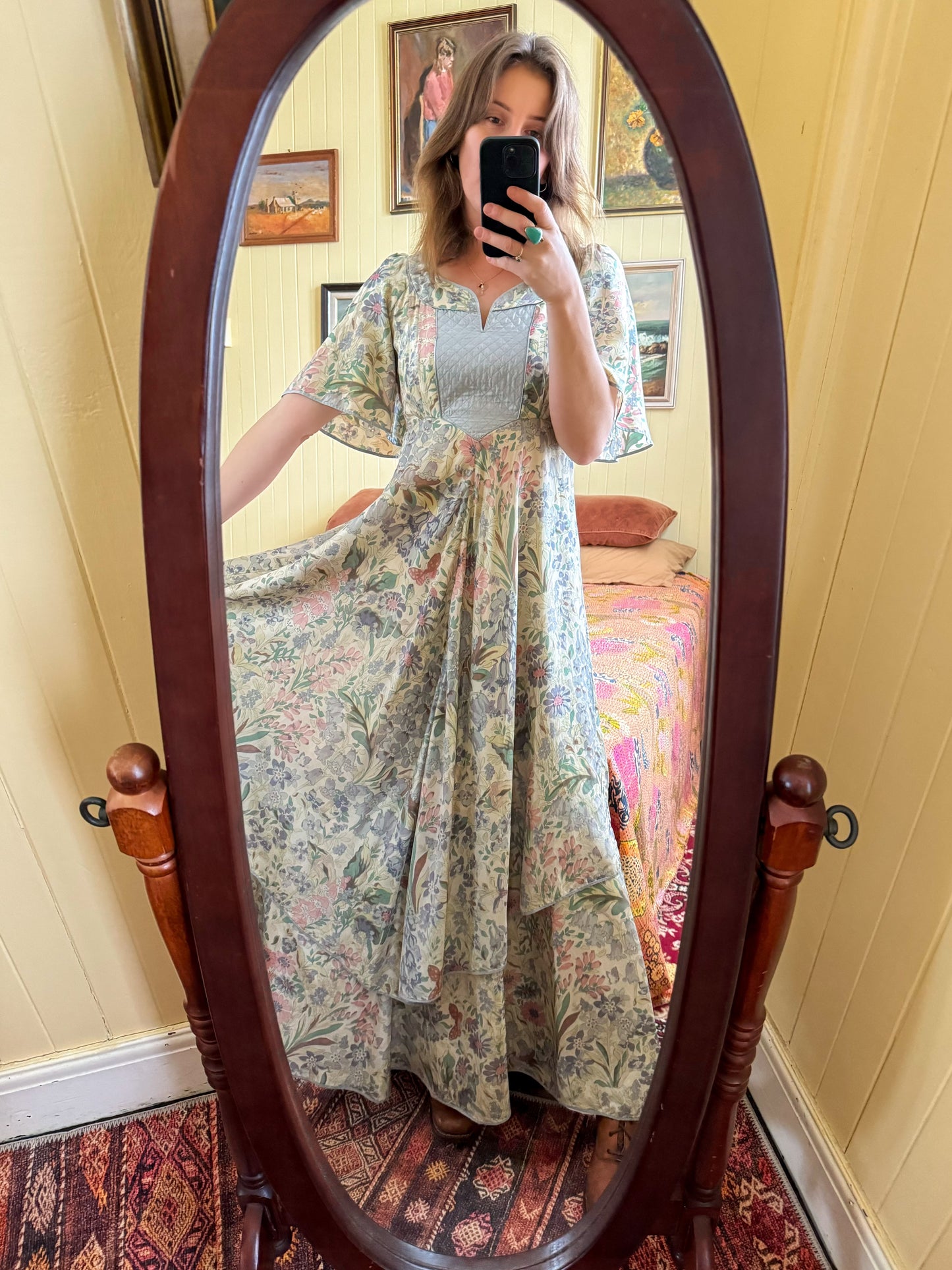 VINTAGE 1970S RARE ENGLISH ANNA BELINDA OXFORD SILK FLORAL MAXI PRAIRIE DRESS S/M