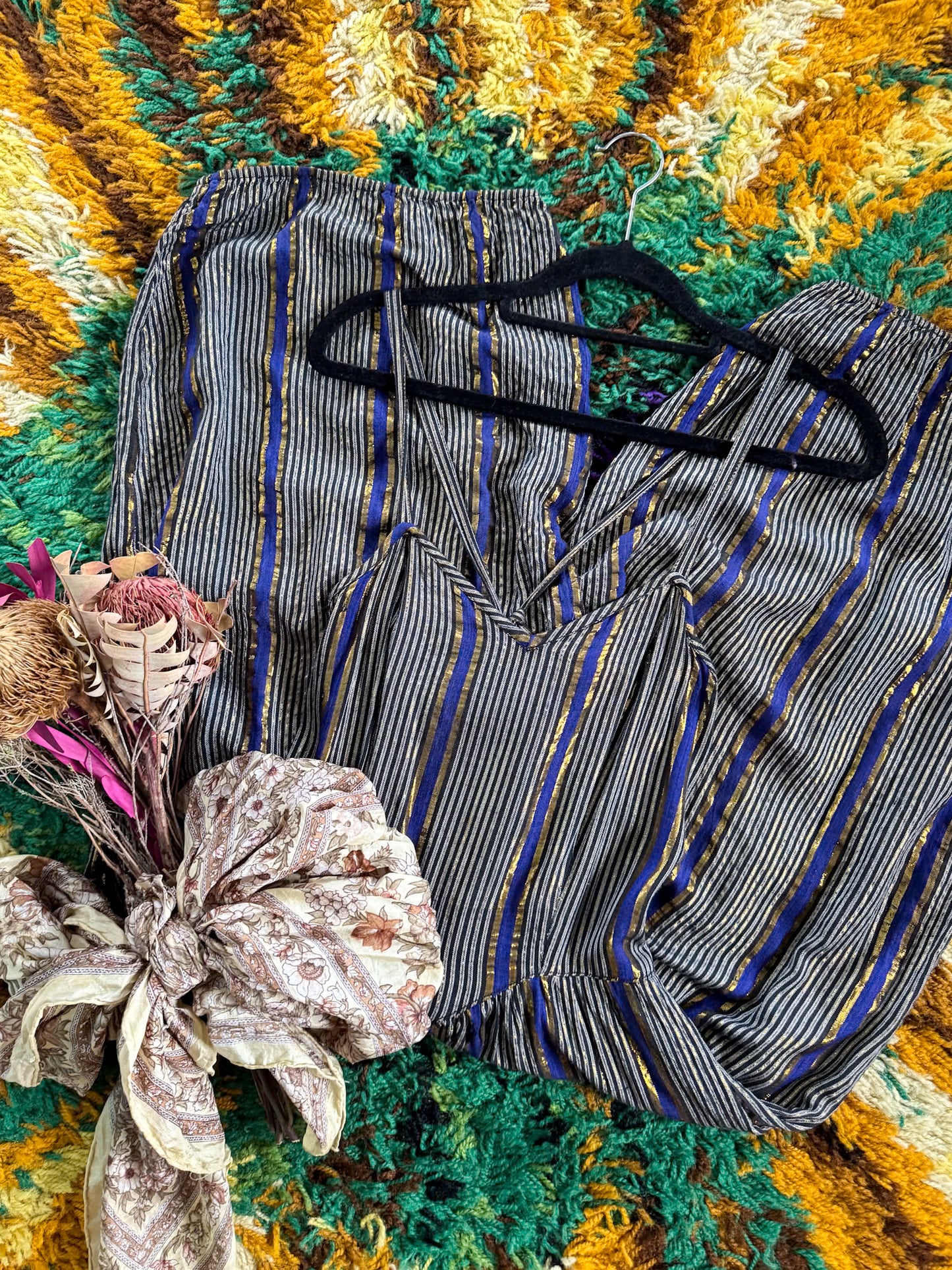 VINTAGE 1980S ADINI INDIAN COTTON LUREX STRAPPY CROPPED JUMPSUIT XS