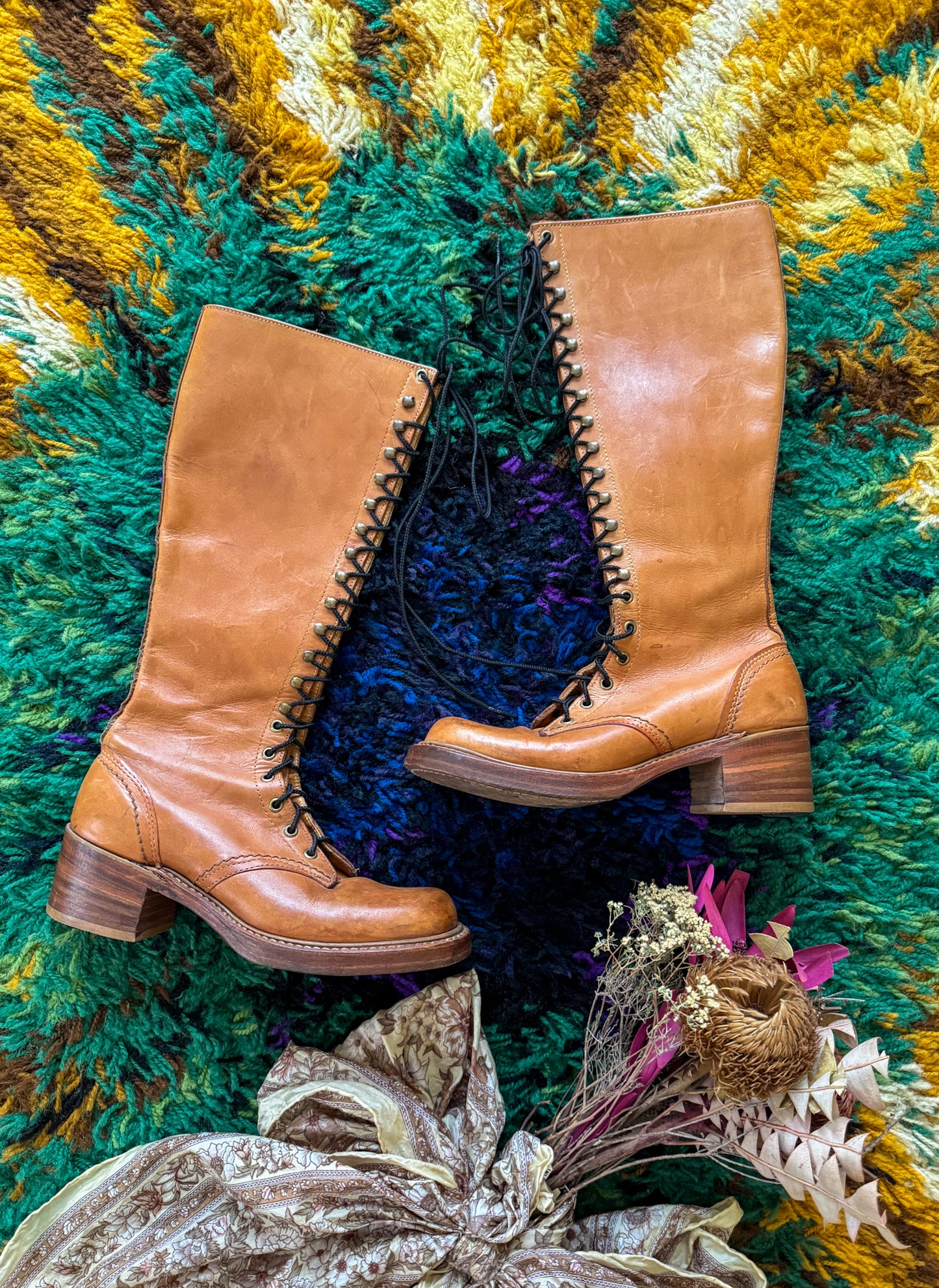 VINTAGE BORT CARLETON CAMPUS LEATHER KNEE HIGH LACE UP BOOTS 7.5/38