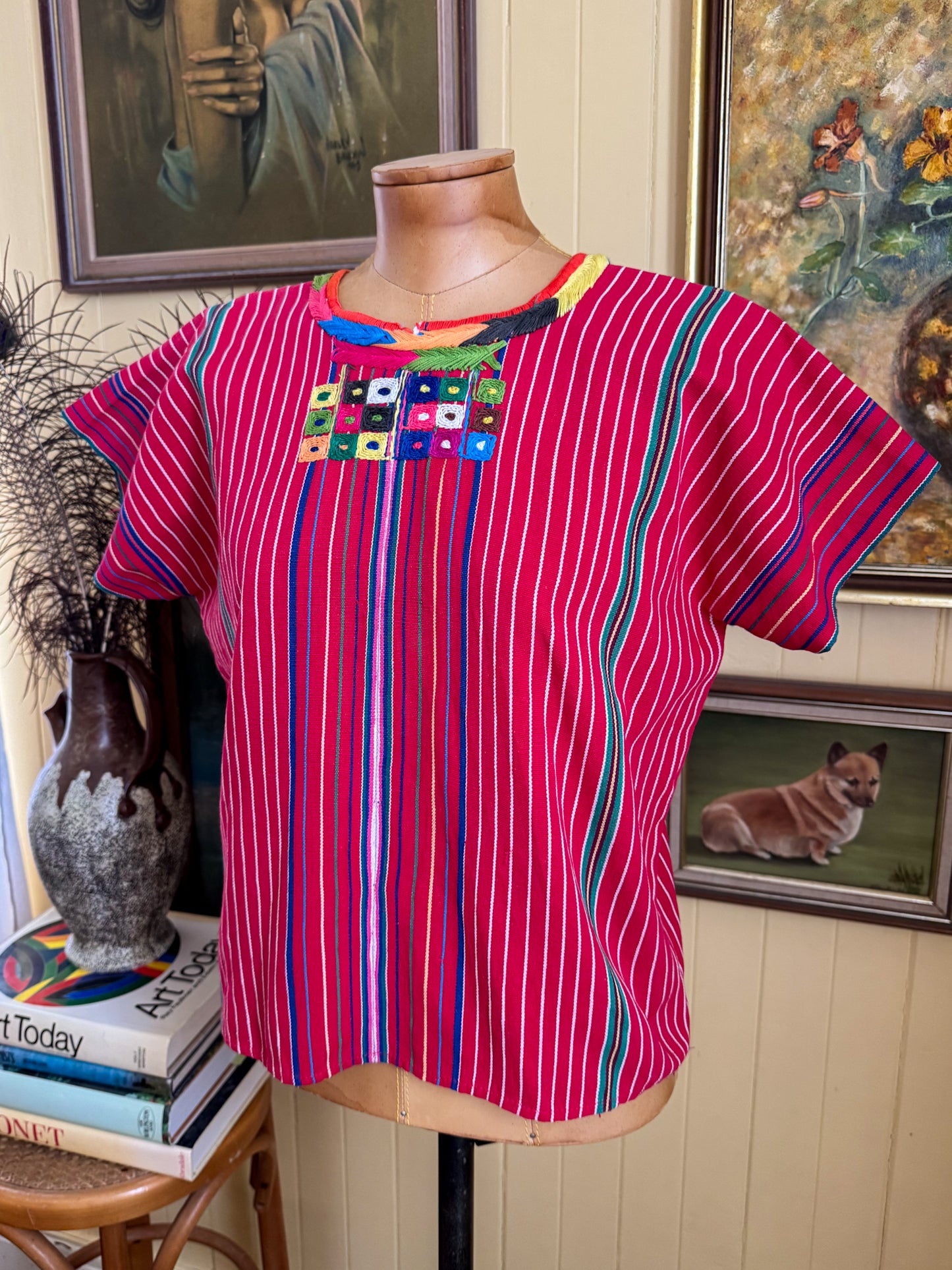 VINTAGE GUATEMALAN EMBROIDERED STRIPED COTTON HANDLOOM HUIPIL TOP S/M