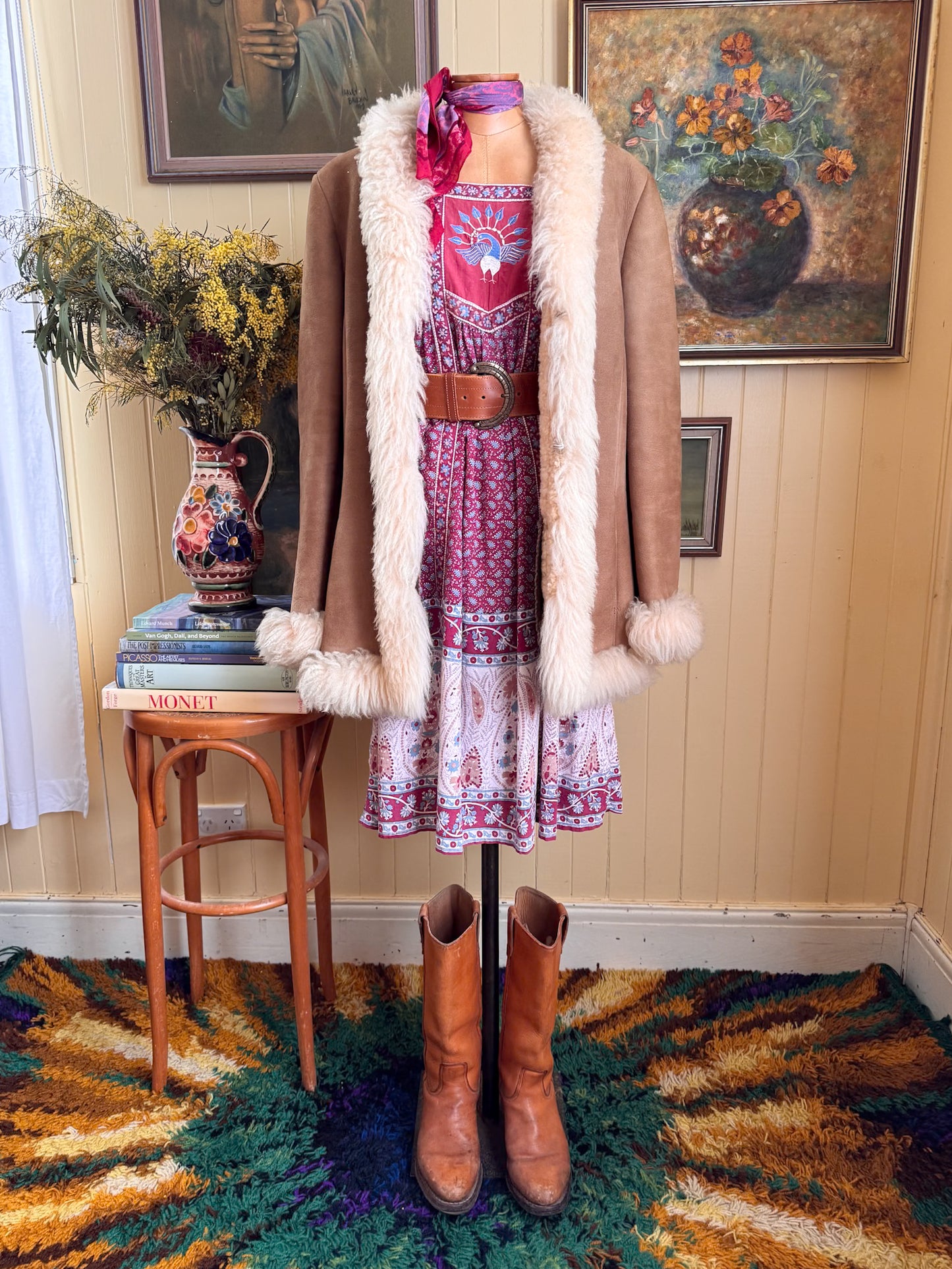 VINTAGE 1970S INDIAN COTTON EMBROIDERED PEACOCK BLOCK PRINT MIDI DRESS XS/S