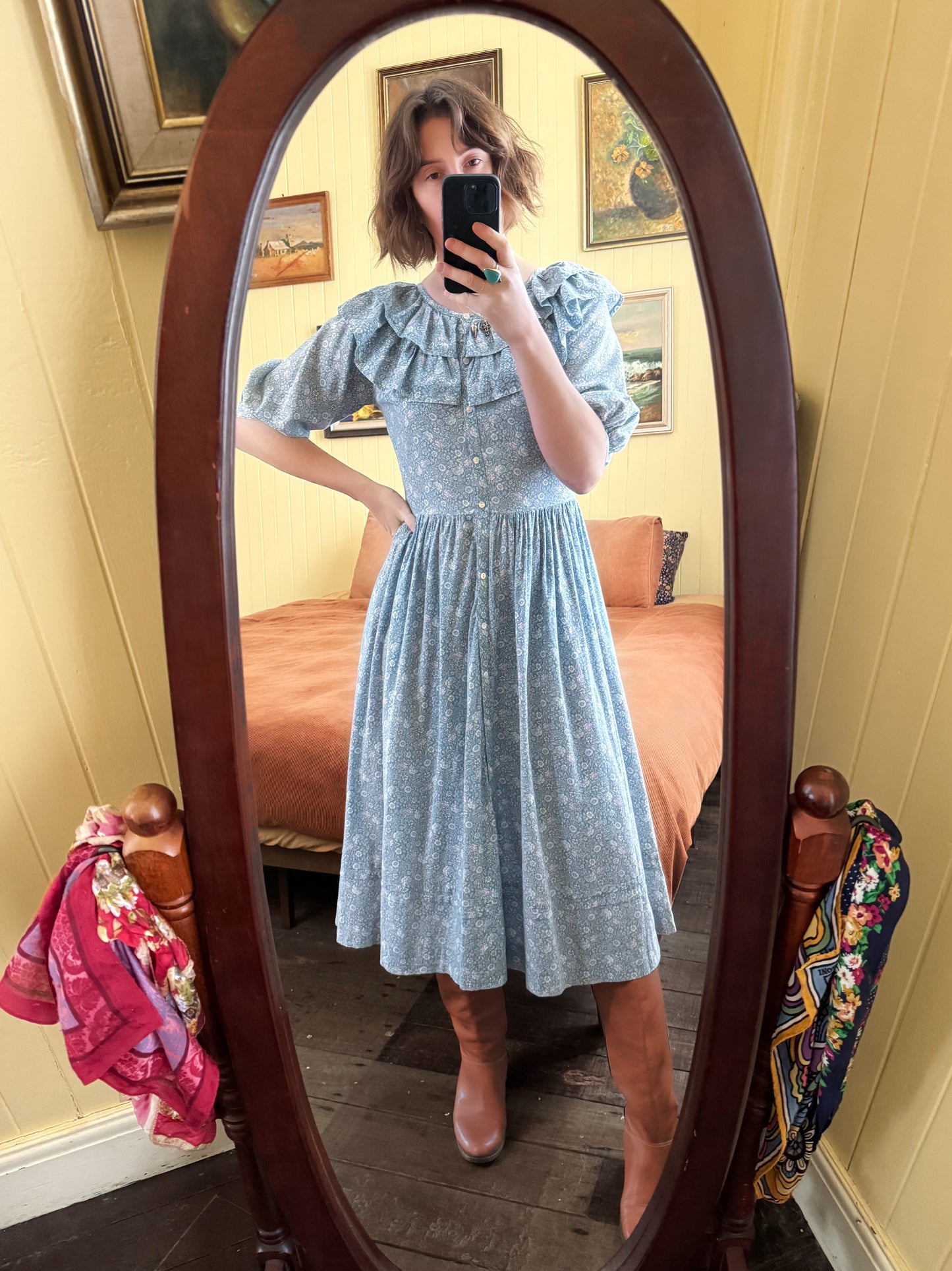 VINTAGE 1980S LAURA ASHLEY CARNO WALES COTTON FLORAL RUFFLE PRAIRIE DRESS M