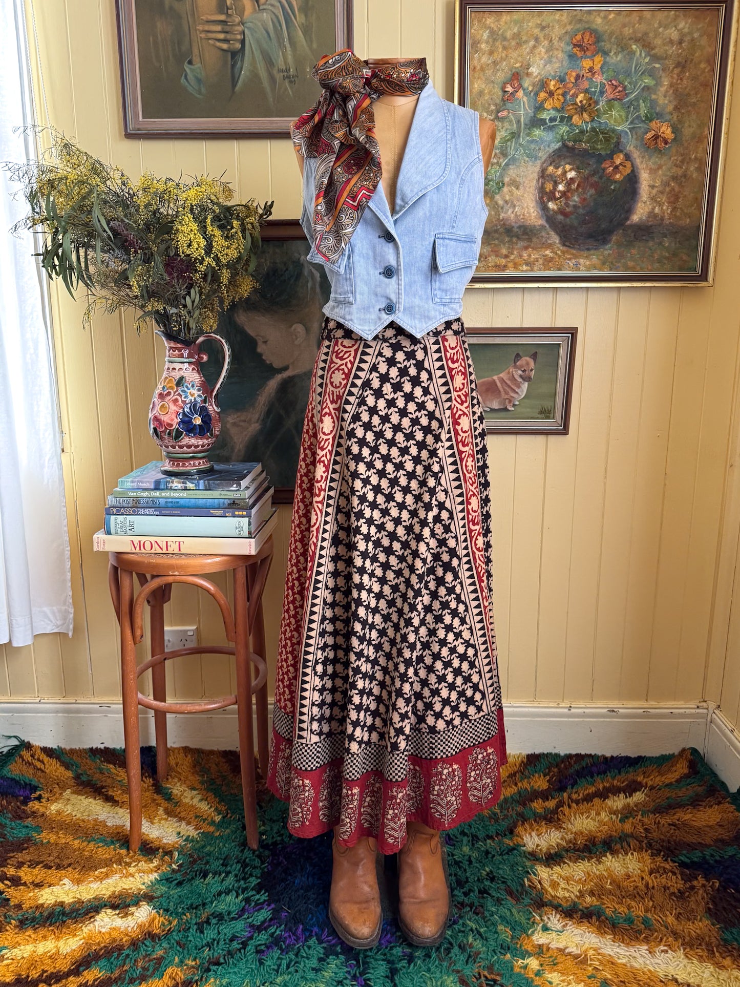 VINTAGE 1970S IVI INDIAN COTTON BLOCK PRINT WRAP MAXI SKIRT M