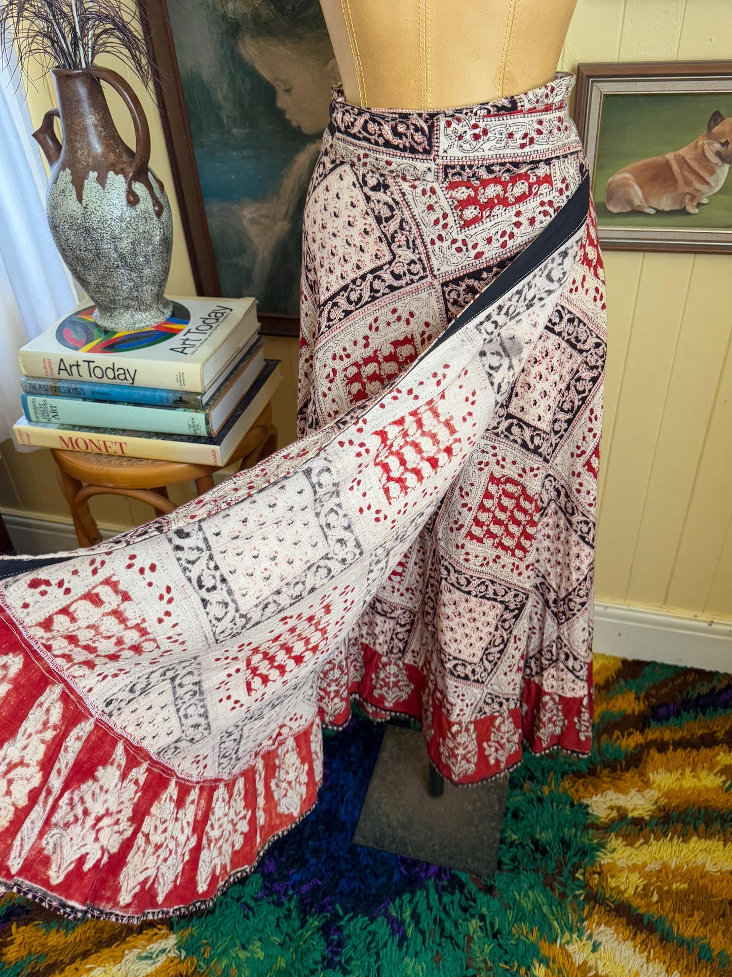 VINTAGE 1980S INDIAN COTTON BLOCK PRINT WRAP RUFFLE MIDI SKIRT S/M
