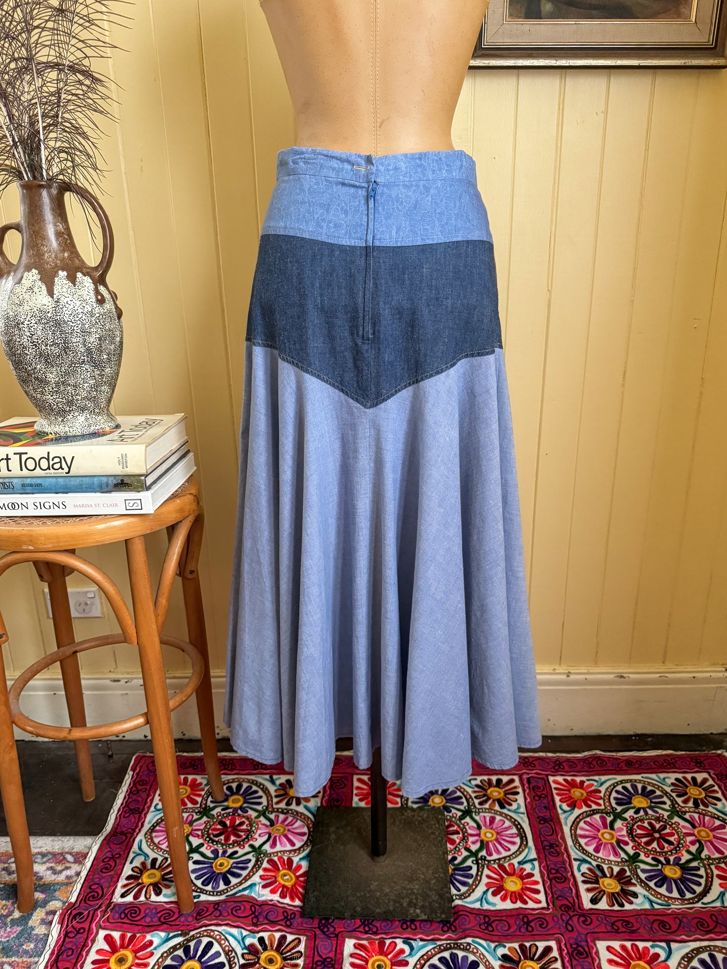 VINTAGE 1970S SALLY BROWNE DENIM + LACE MIDI SKIRT XS/S