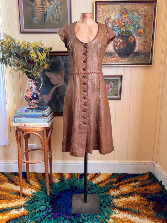 VINTAGE 1970S RARE ICONIC NORTH BEACH LEATHER WHIPSTITCH MIDI DRESS XS