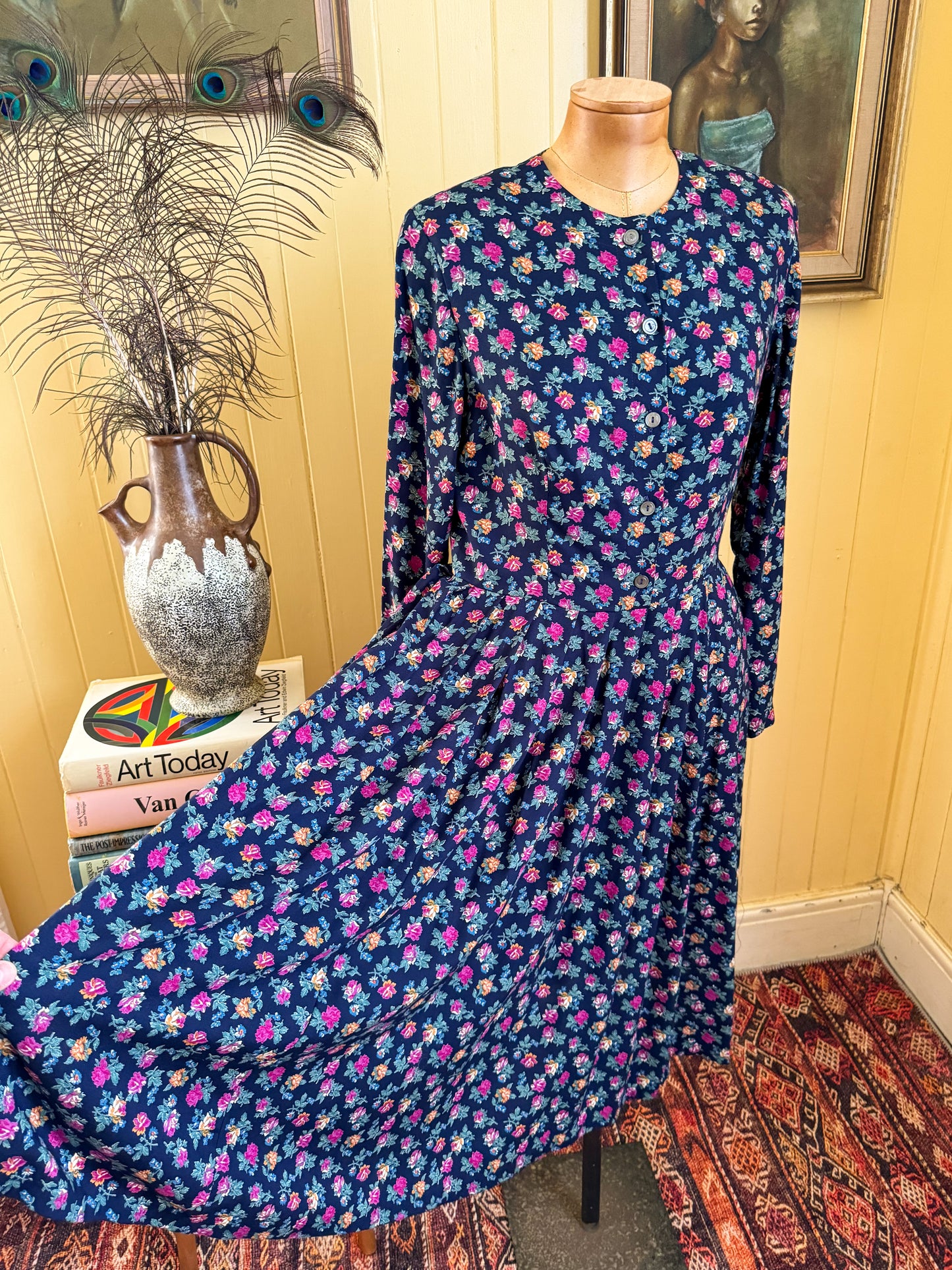 VINTAGE 1990S LAURA ASHLEY VISCOSE BUTTON THROUGH PRAIRIE DRESS S/M