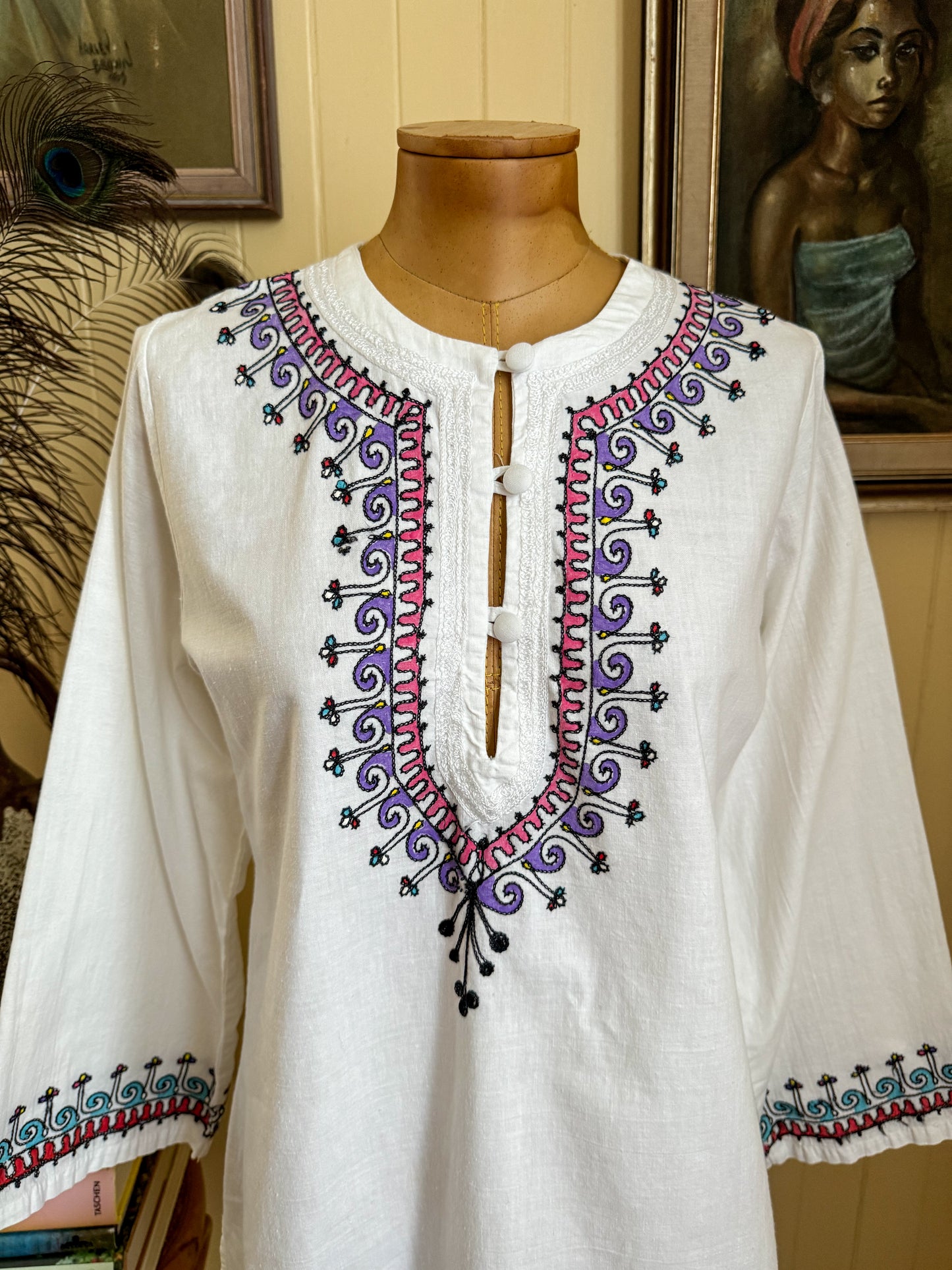 VINTAGE 1970S PAKISTANI COTTON EMBROIDERED TUNIC BLOUSE S