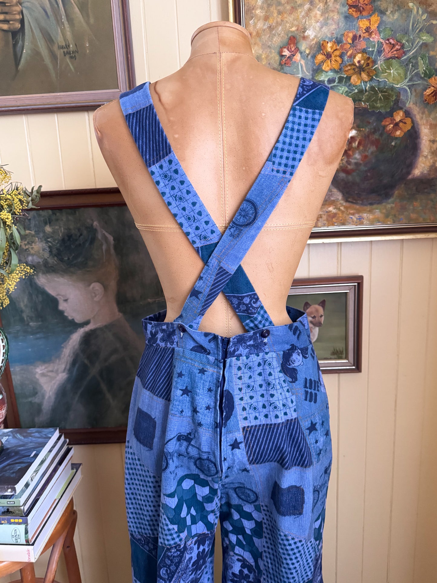 VINTAGE 1970S TRIKKELS COTTON DENIM NOVELTY PRINT WIDE LEG DUNGAREES OVERALLS S/M