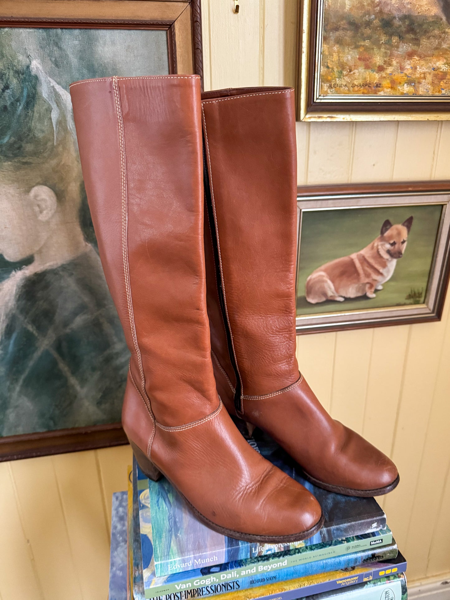 VINTAGE 1970S BRAZILIAN CARAMEL TAN LEATHER KNEE HIGH BOOTS 9/40