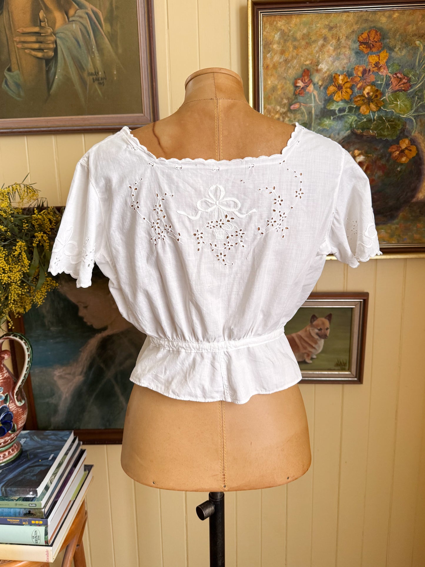 ANTIQUE EDWARDIAN COTTON MUSLIN EMBROIDERED CORSET COVER BLOUSE XS