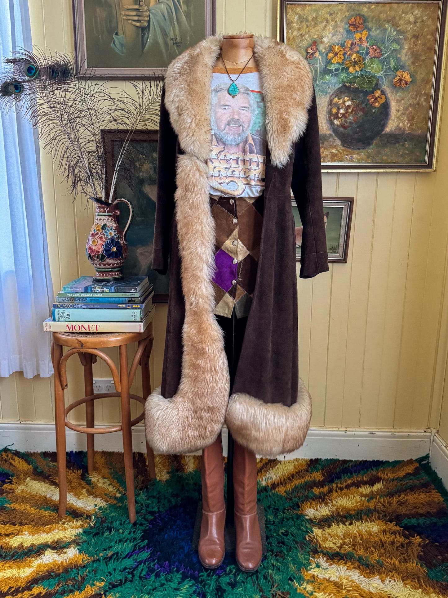 VINTAGE 1970S CHOCOLATE BROWN SUEDE LEATHER LONGLINE PENNY LANE SHEARLING COAT S