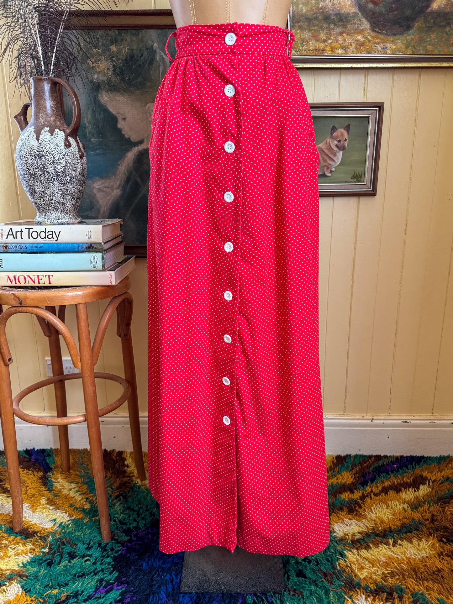 VINTAGE 1970S WRAGGS COTTON POLKA DOT BUTTON THROUGH MAXI SKIRT XS/S