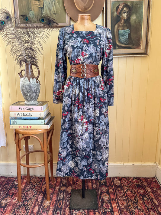 VINTAGE 1980S AUSTRALIAN LAURA ASHLEY COTTON FLORAL PRINT PRAIRIE DRESS S/M
