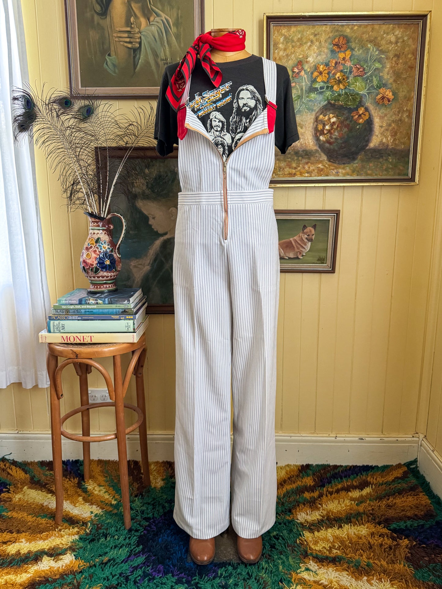 VINTAGE 1970S KOREAN MATCHMATES POLY STRIPED WIDE LEG DUNGAREES OVERALLS S/M