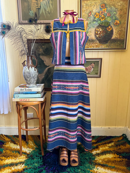 VINTAGE 1970S DANISH KILIM PRINT TWO PIECE TOP + MAXI SKIRT SET S