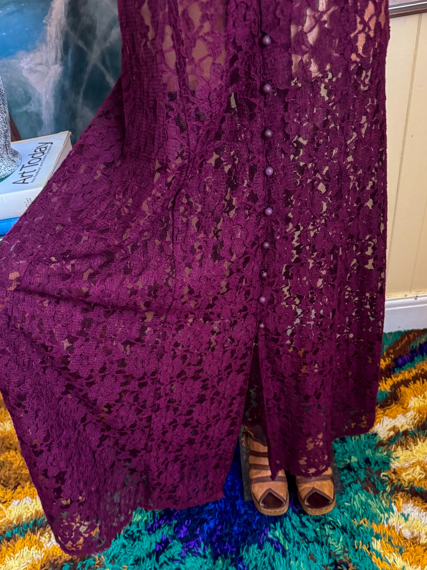 VINTAGE 1990S BURGUNDY LACE SLEEVELESS MAXI DUSTER DRESS M/L