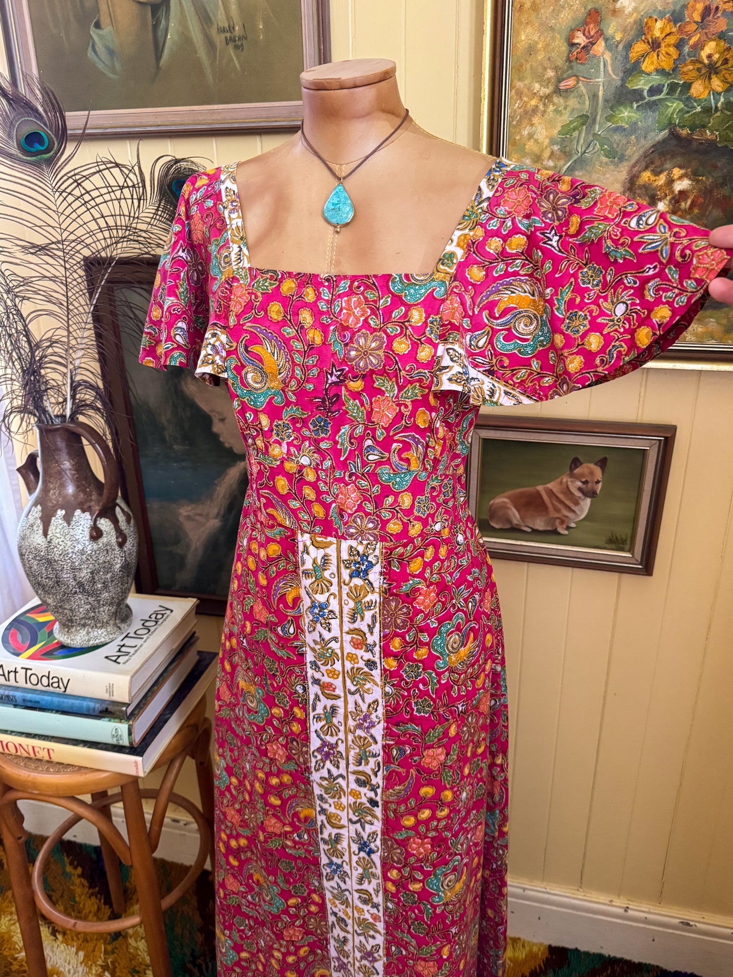 VINTAGE 1970S JAPANESE COTTON BATIK PRINT MAXI PEASANT DRESS S/M