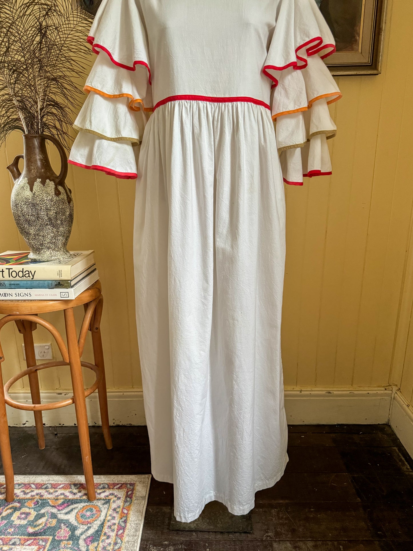 VINTAGE 1970S PATTI CAPPALLI COTTON RUFFLED SLEEVE PRAIRIE MAXI DRESS S