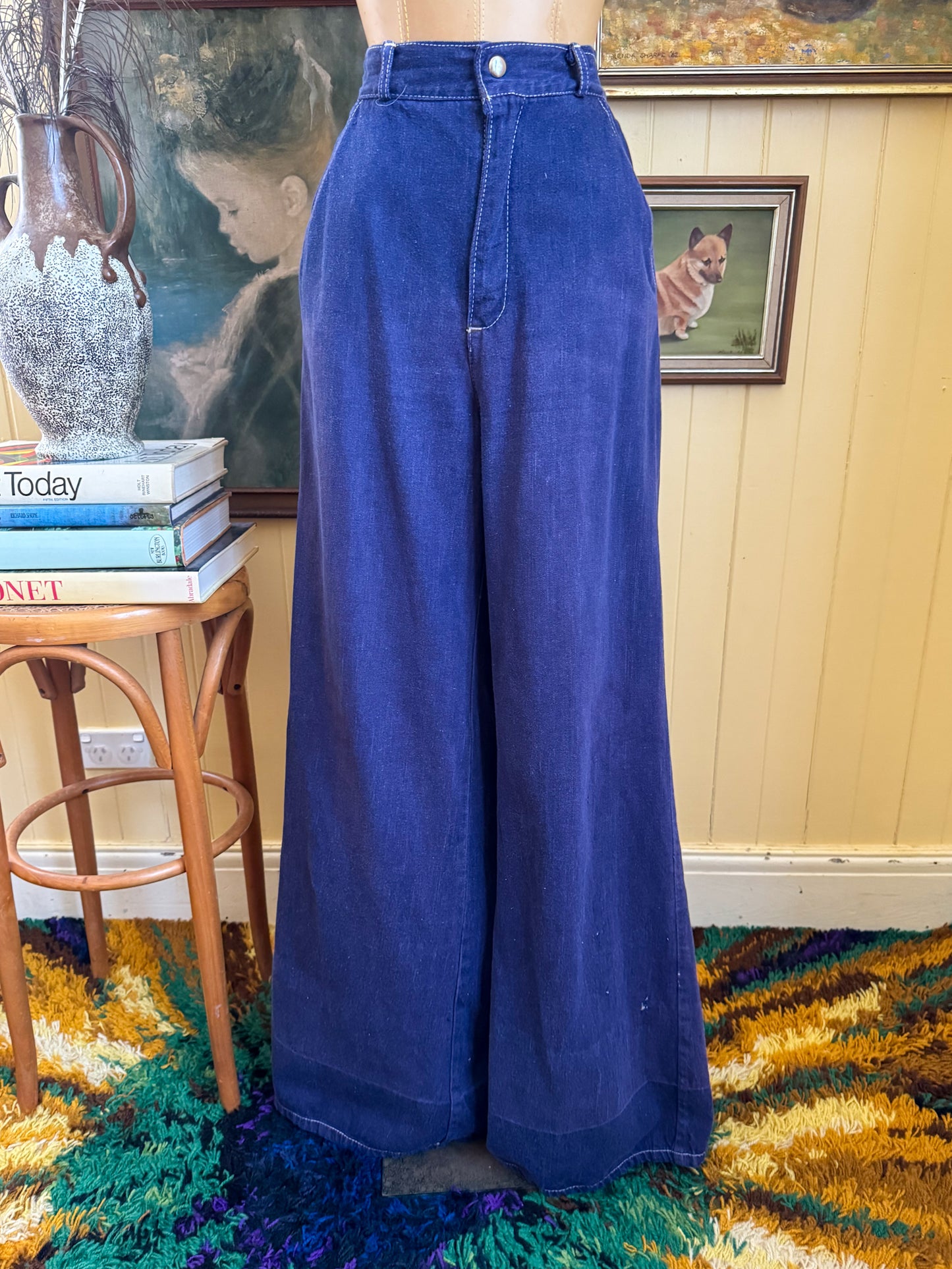 VINTAGE 1970S COTTON WIDE LEG HIGH WAIST DENIM SUPER FLARES JEANS M