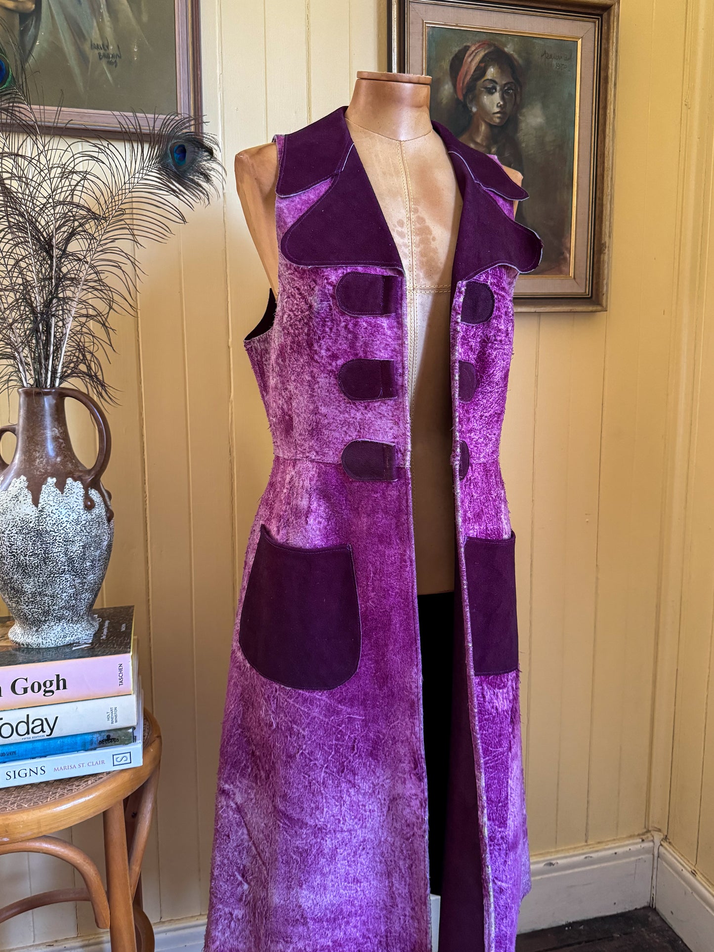 VINTAGE 1970S PURPLE ACID WASH SUEDE LEATHER MAXI WAISTCOAT VEST S