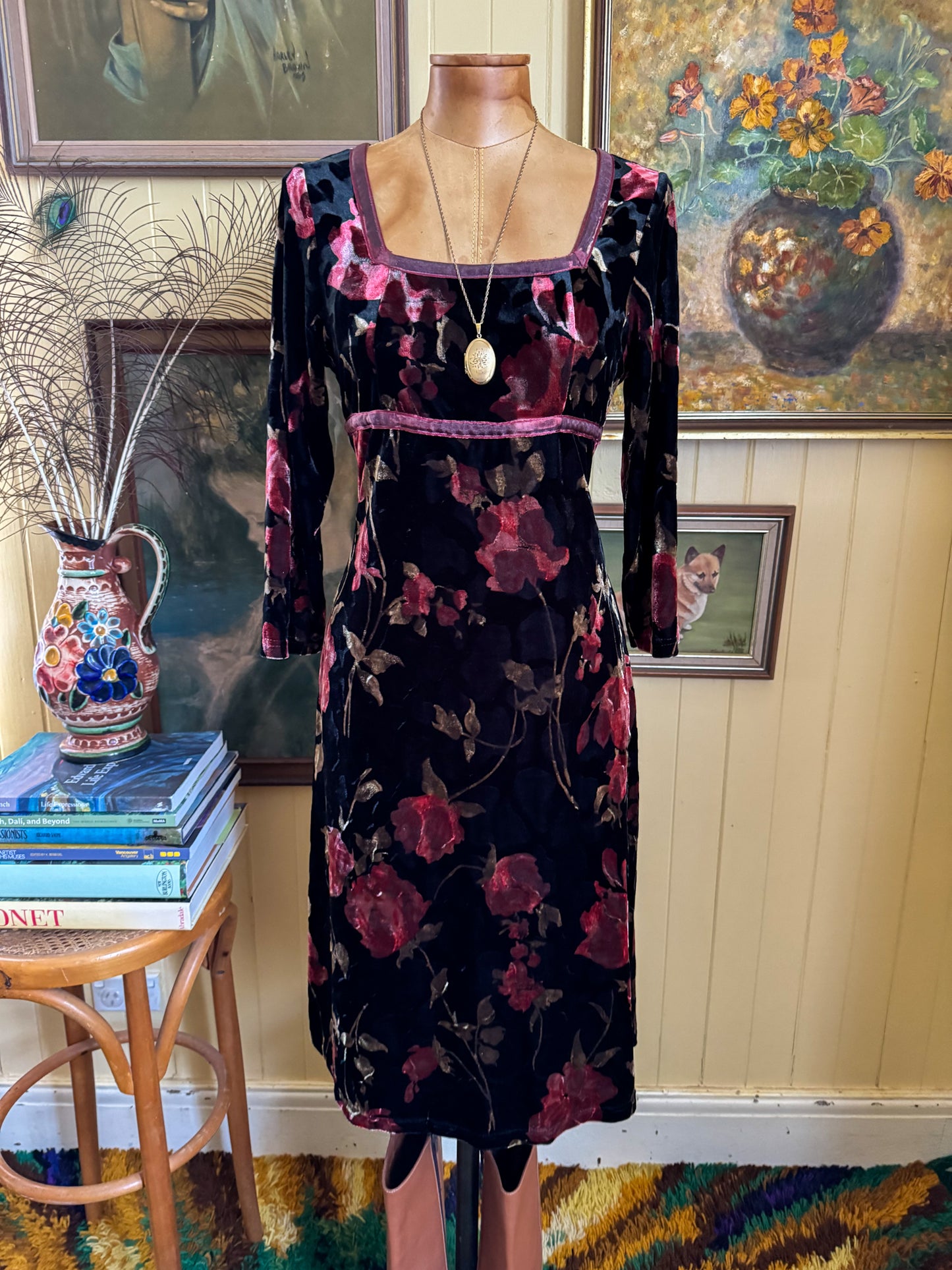 VINTAGE 1990S VELVET FLORAL PRINT BURNOUT RIBBON TRIM MIDI DRESS S/M