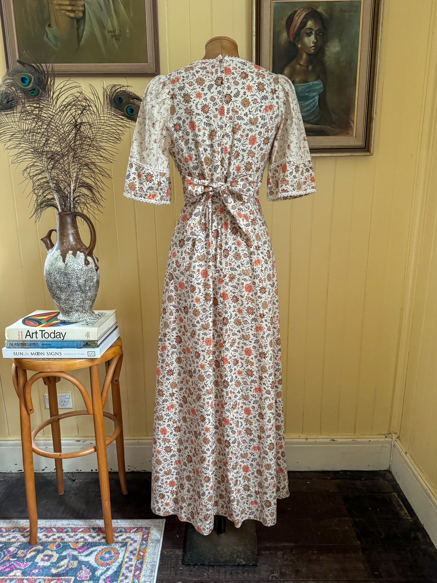 VINTAGE 1970S RICHARD SHOPS ENGLISH COTTON FLORAL MAXI PRAIRIE DRESS S