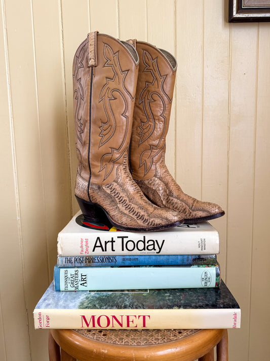 VINTAGE DAN POST EXOTIC PYTHON SNAKESKIN EMBROIDERED LEATHER WESTERN BOOTS 7/38
