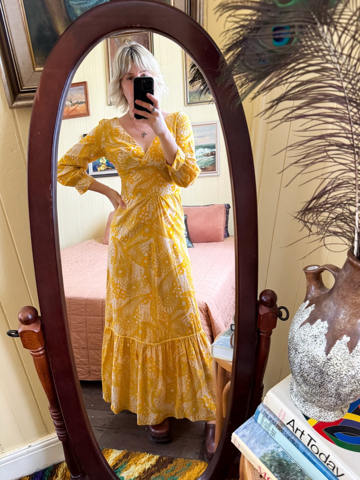 VINTAGE 1970S TRIXY COTTON FLORAL PRINT MAXI PRAIRIE DRESS S