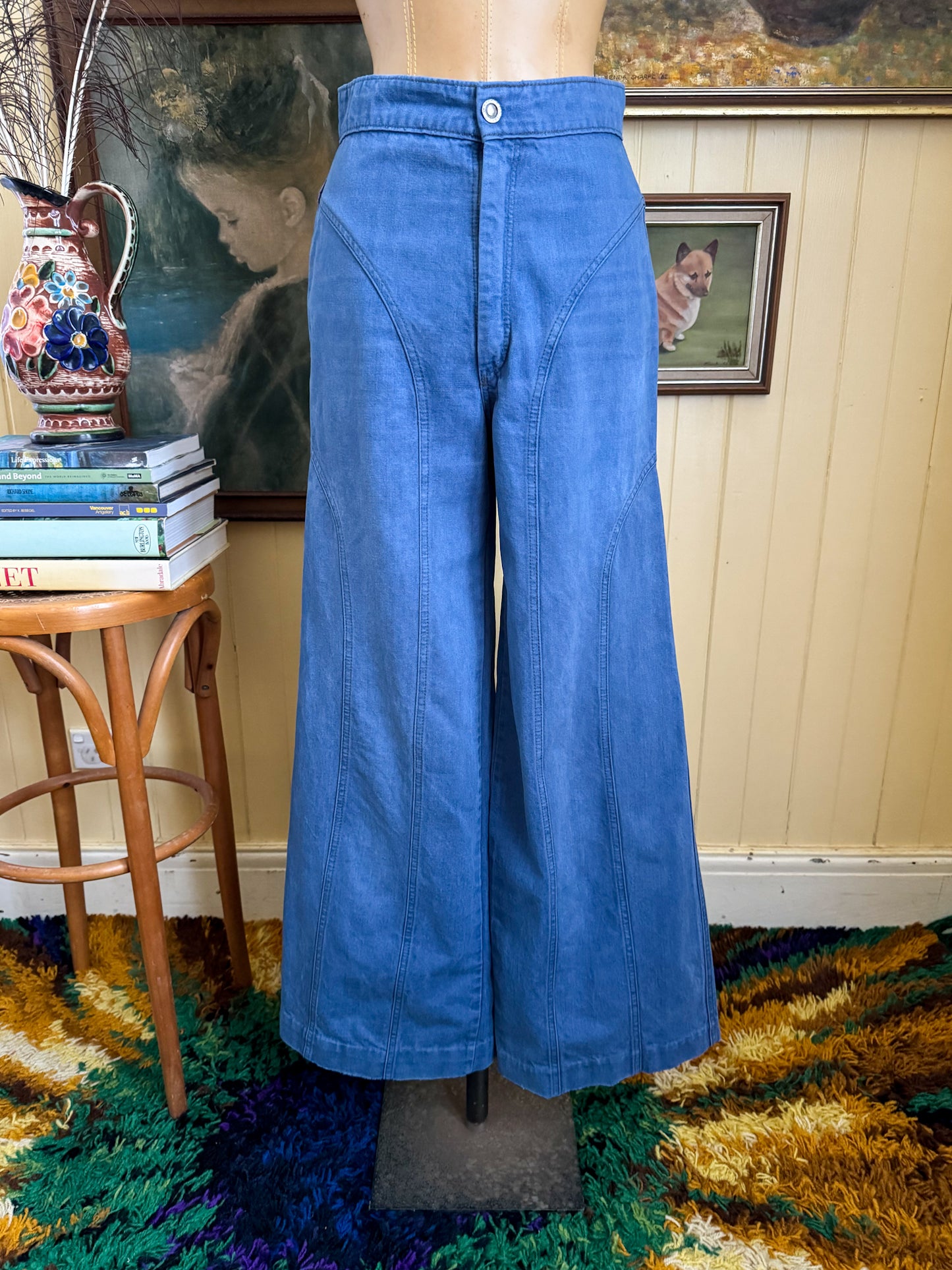 VINTAGE 1970S AMCO PEACHES HIGH WAIST PANELLED FLARE DENIM JEANS XS/S