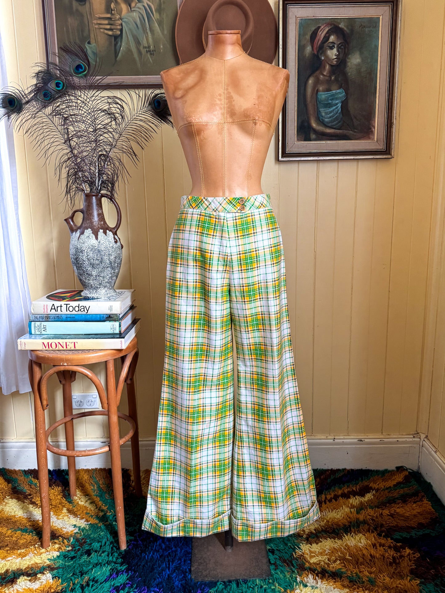 VINTAGE 1970S BRONSONS OF CALIFORNIA WOVEN PLAID WIDE LEG CUFFED PANTS M