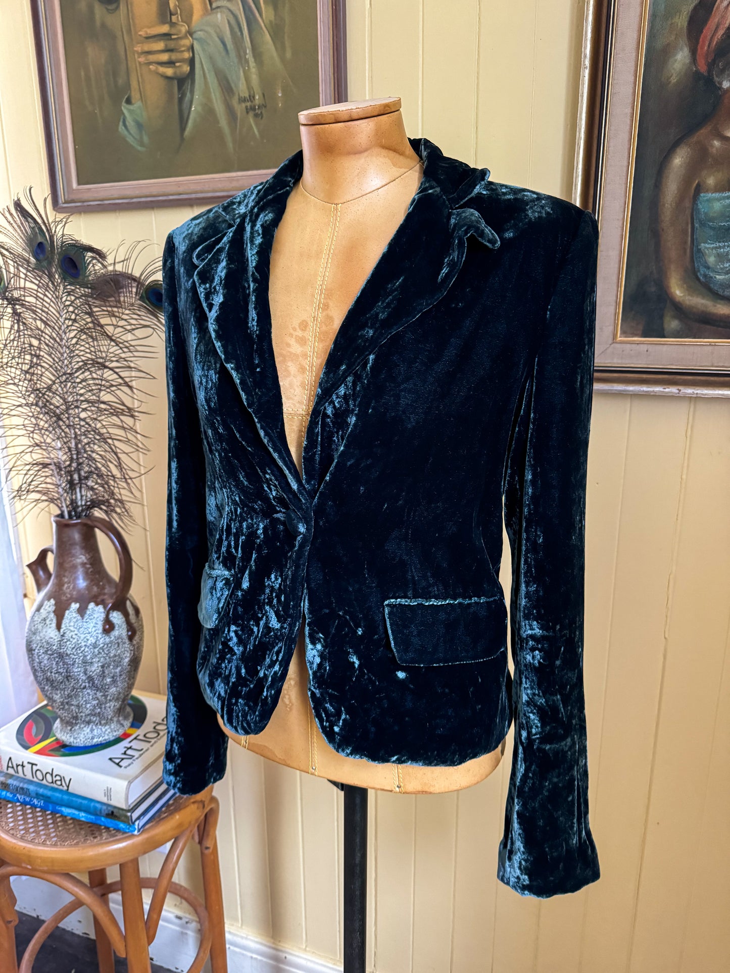 VINTAGE 1990S MISS SHOP SILK BLEND VELVET CROPPED BLAZER JACKET S