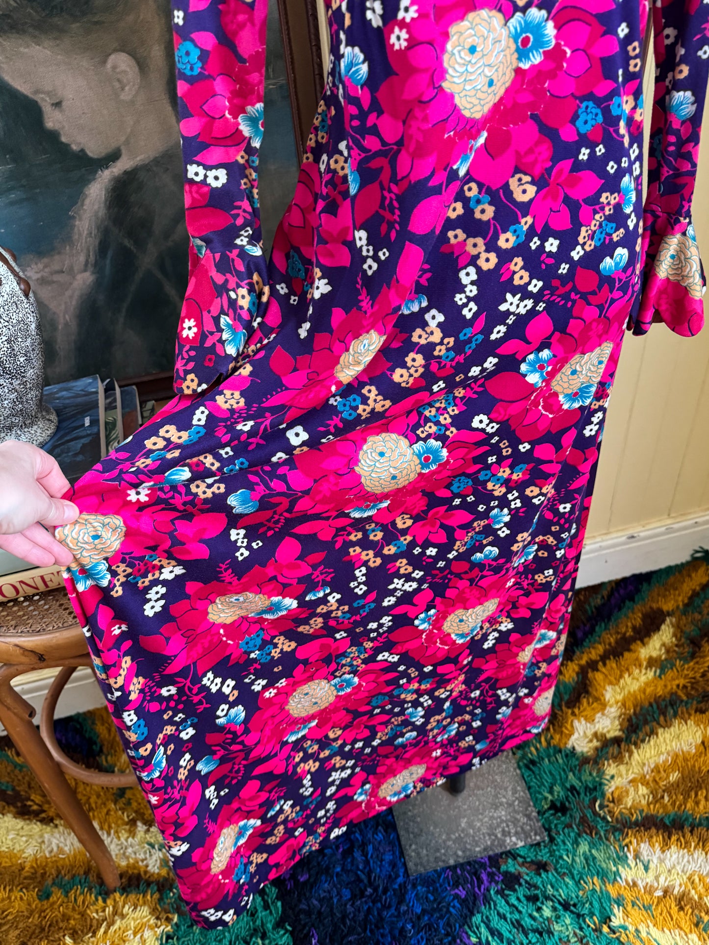 VINTAGE 1970S AMERICAN ACRYLIC FLORAL MAXI PRAIRIE DRESS S/M