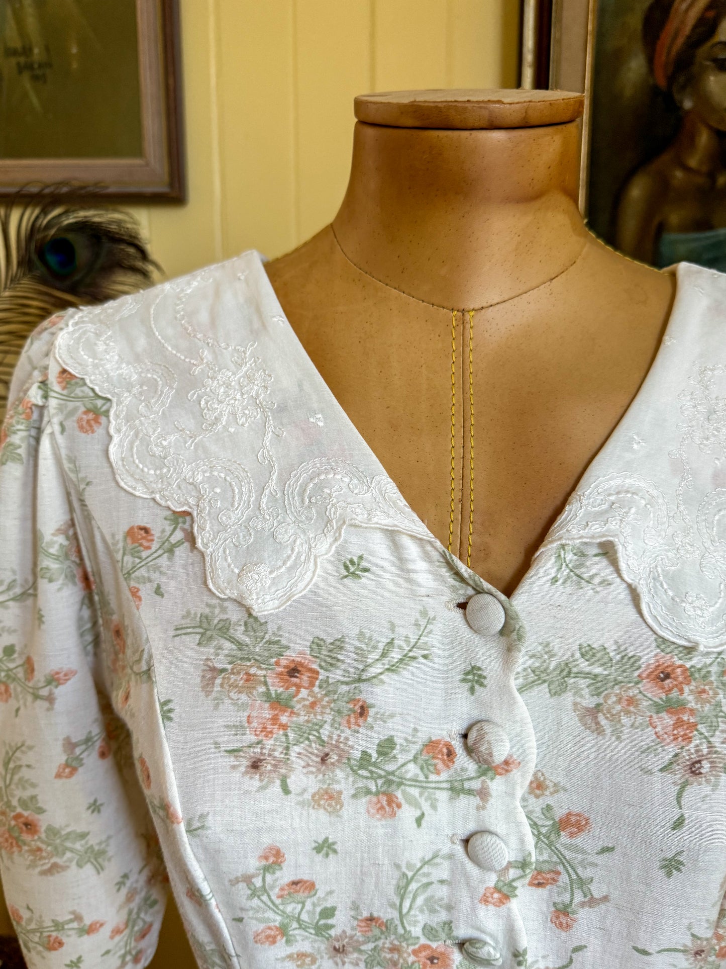 VINTAGE 1980S LAURA ASHLEY ENGLISH LACE COLLAR FLORAL PRINT PRAIRIE DRESS XS/S