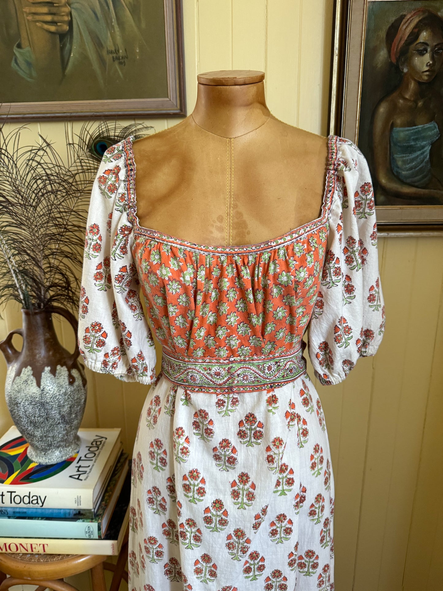VINTAGE 1970S ANOKHI INDIAN COTTON BLOCK PRINT MAXI DRESS M/L