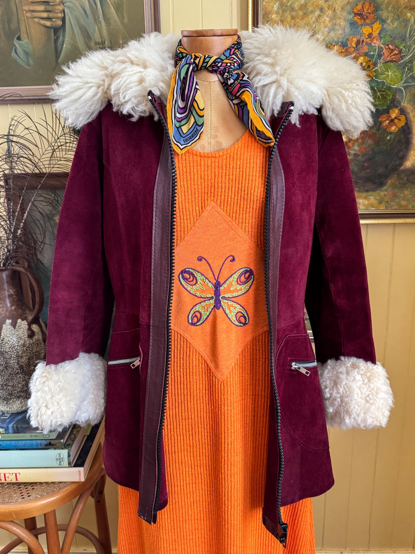 VINTAGE 1970S PLUM SUEDE LEATHER FLUFFY SHEARLING PENNY LANE JACKET S/M