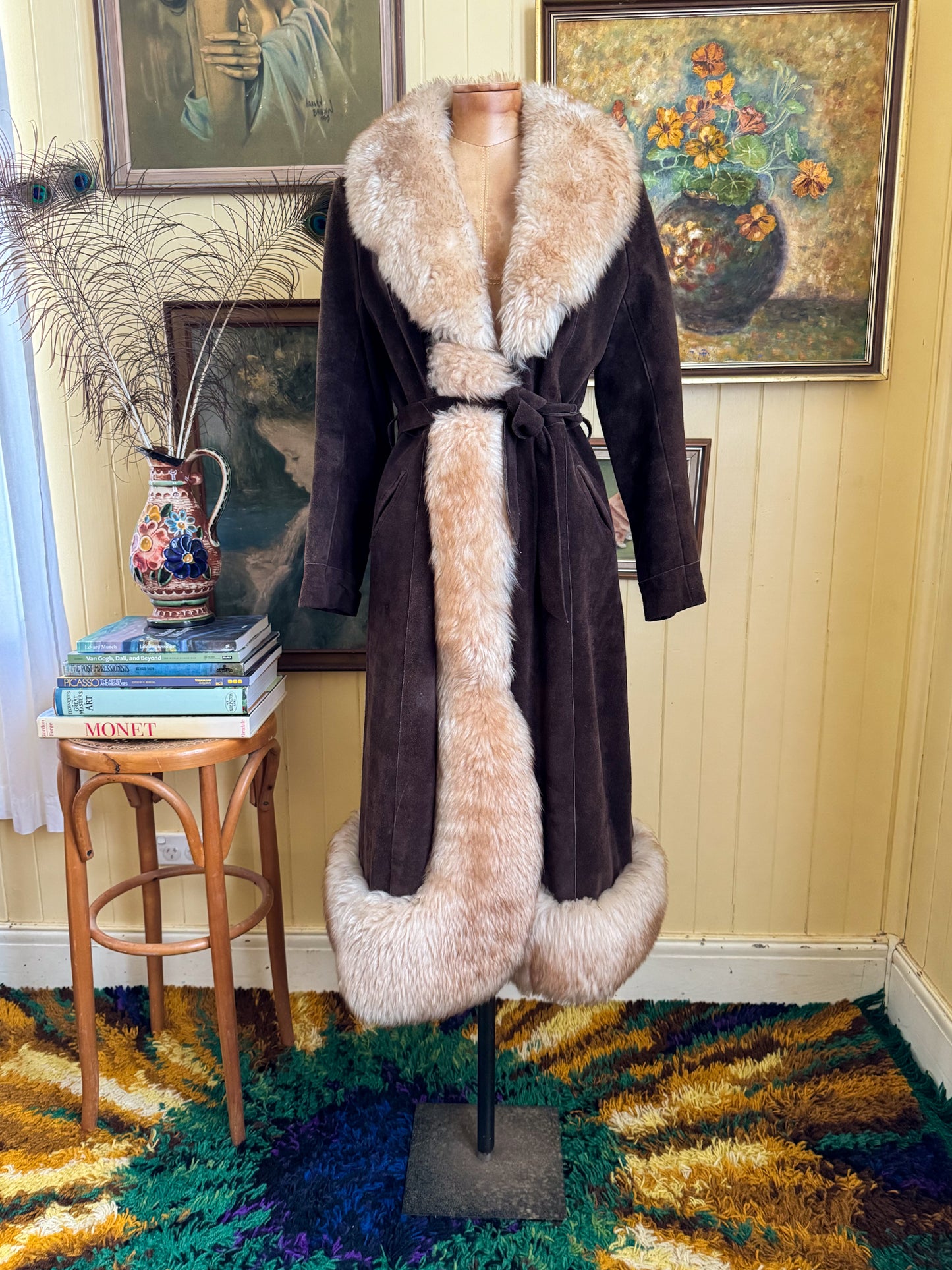 VINTAGE 1970S CHOCOLATE BROWN SUEDE LEATHER LONGLINE PENNY LANE SHEARLING COAT S