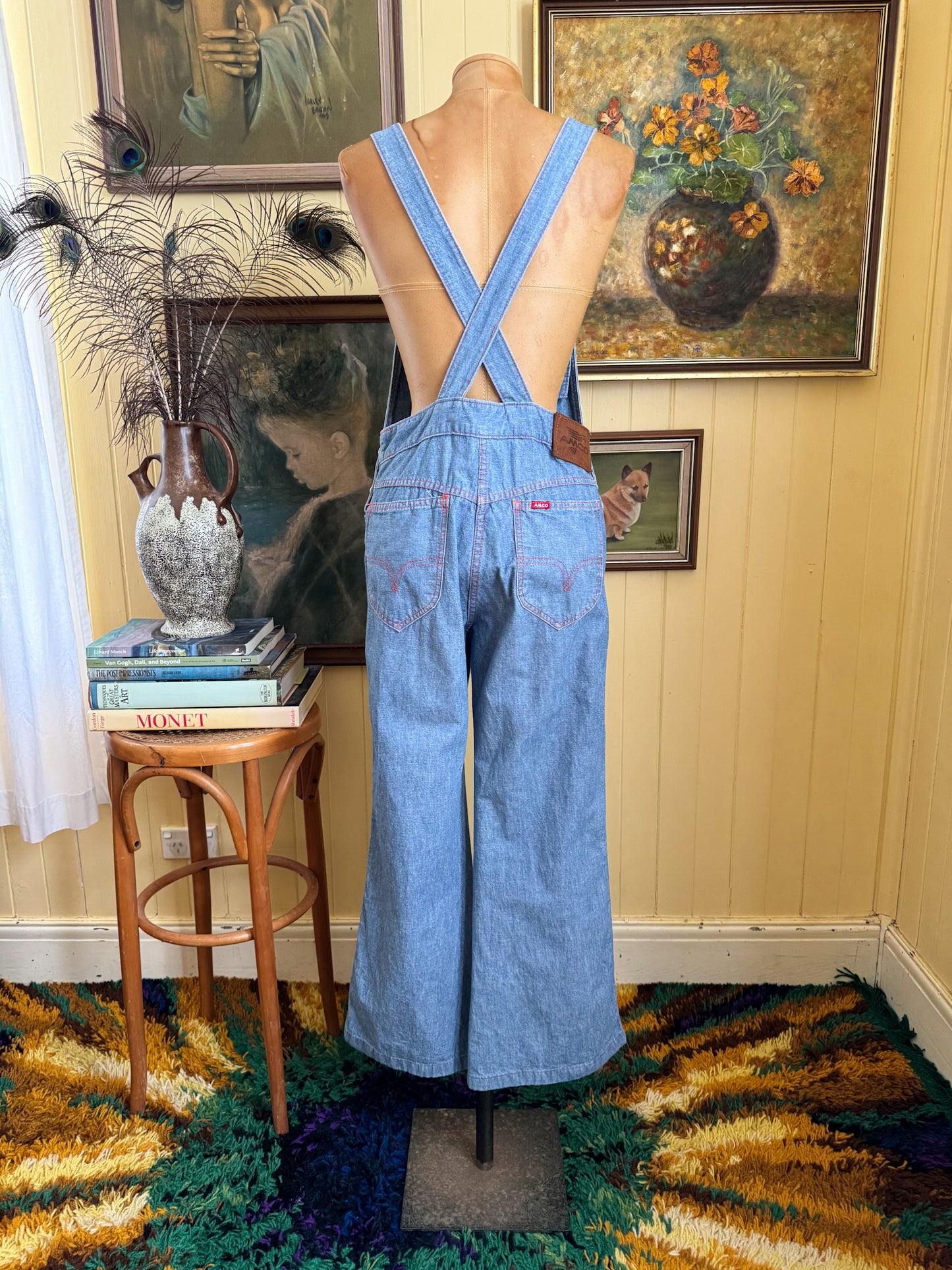 VINTAGE 1970S AMCO COTTON DENIM KICK FLARE DUNGAREES OVERALLS XS/S