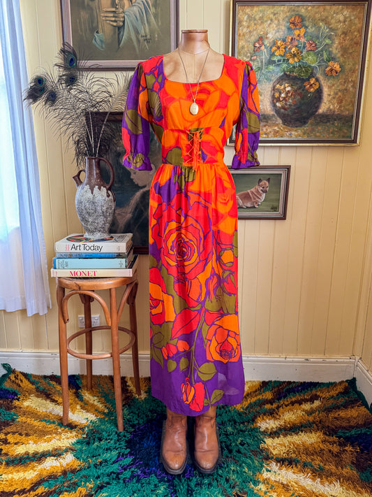 VINTAGE 1970S SNAZZI COTTON FLORAL PRINT CORSET MAXI PRAIRIE DRESS S/M