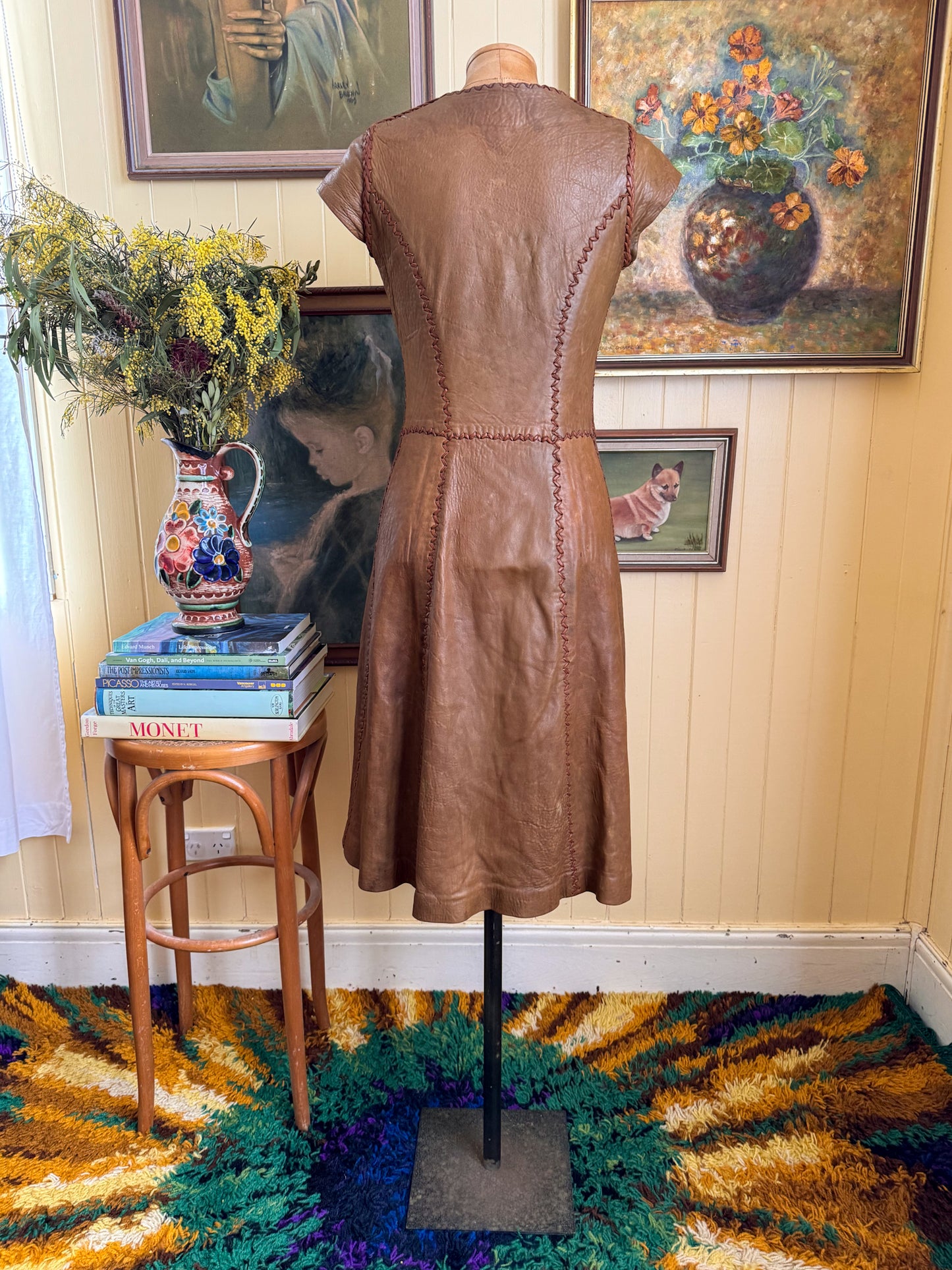 VINTAGE 1970S RARE ICONIC NORTH BEACH LEATHER WHIPSTITCH MIDI DRESS XS