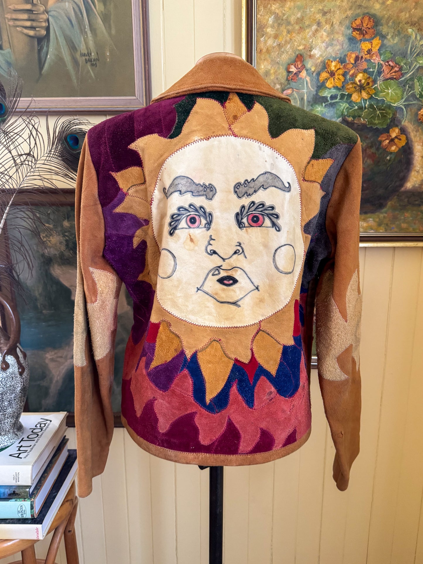 VINTAGE 1970S RARE BURRAY OLSON HAND PAINTED SUN PATCHWORK SUEDE LEATHER JACKET M