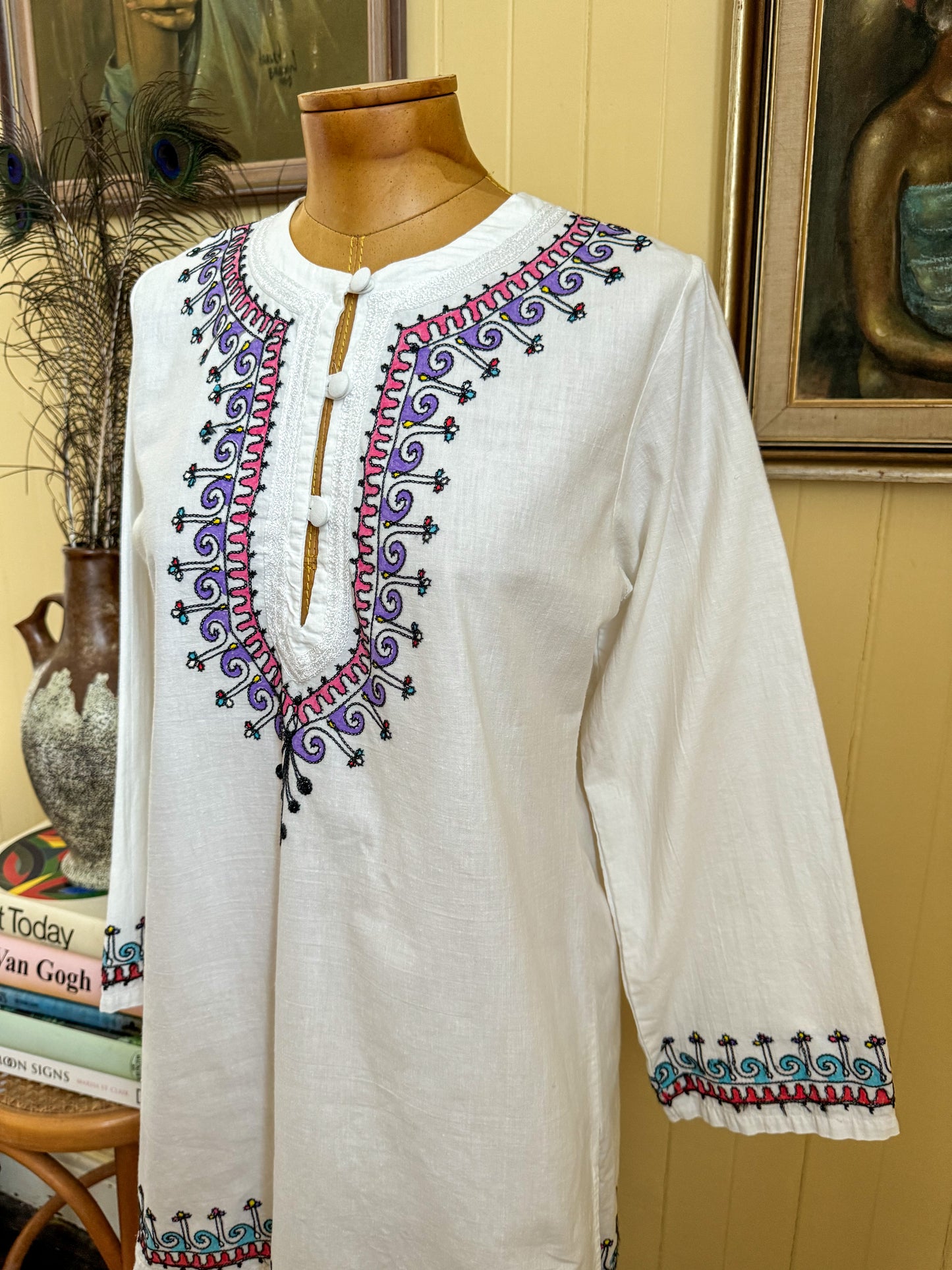 VINTAGE 1970S PAKISTANI COTTON EMBROIDERED TUNIC BLOUSE S