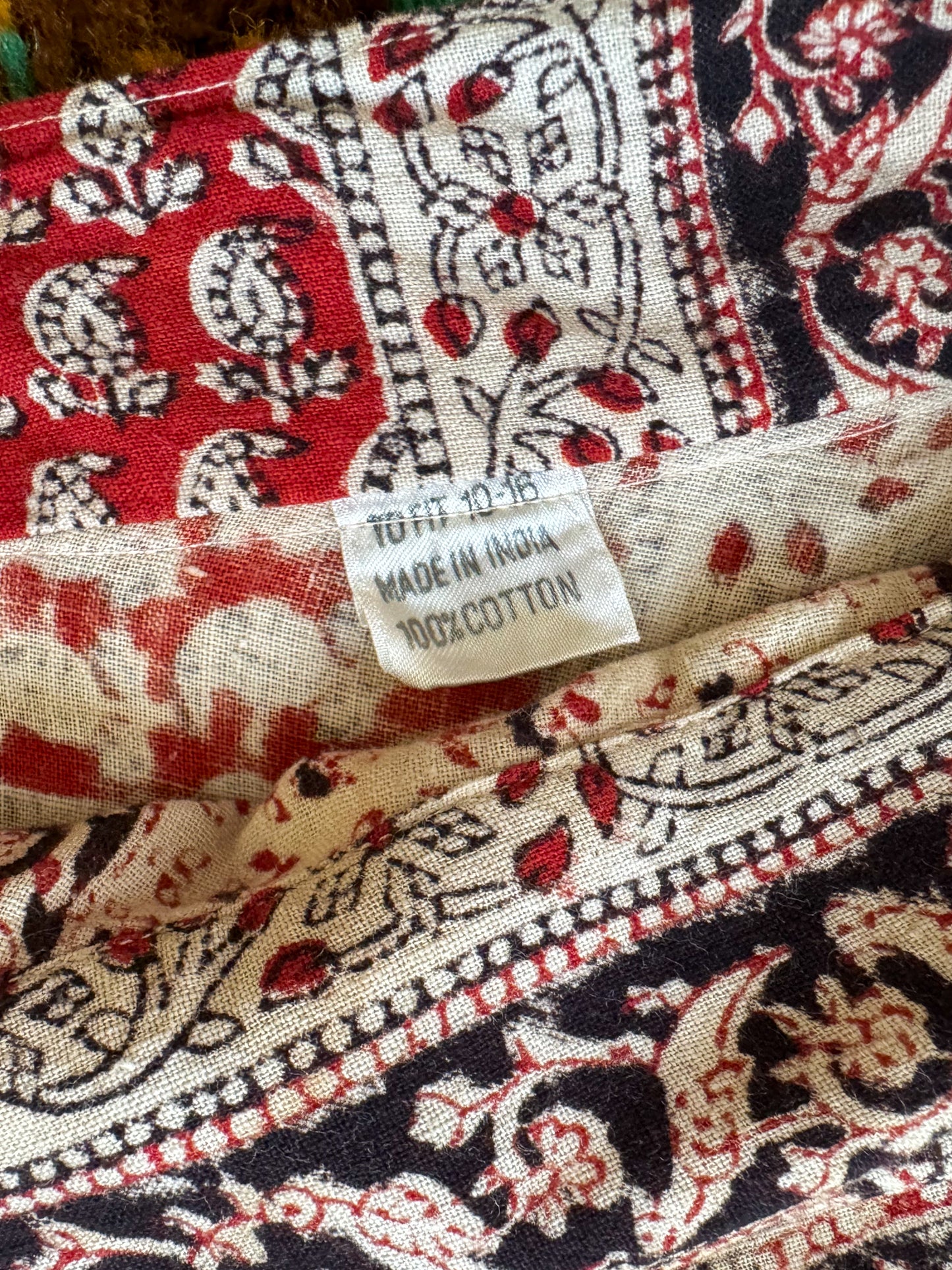 VINTAGE 1980S INDIAN COTTON BLOCK PRINT WRAP RUFFLE MIDI SKIRT S/M