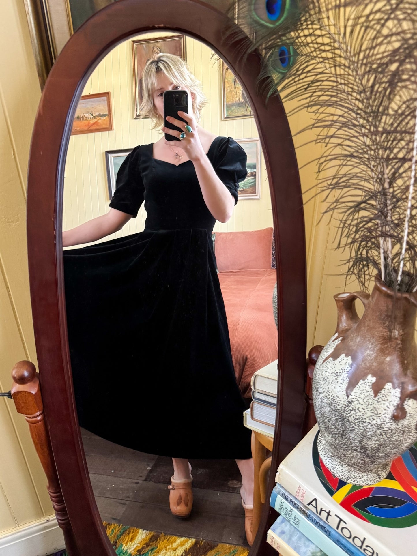 VINTAGE 1980S LAURA ASHLEY BLACK COTTON VISCOSE VELVET DRESS M/L